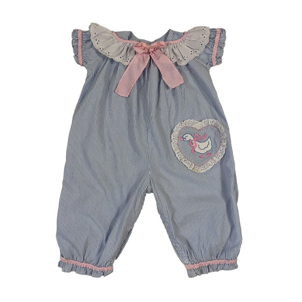 Vintage 1980s Girls Blue & White Striped Romper W/ Lace Bib Collar & Duck 24 M